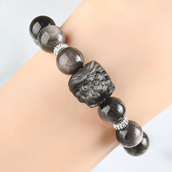 Buddha Stones Armband van obsidiaan met natuurlijke zilverglans en leeuwendans - image 9