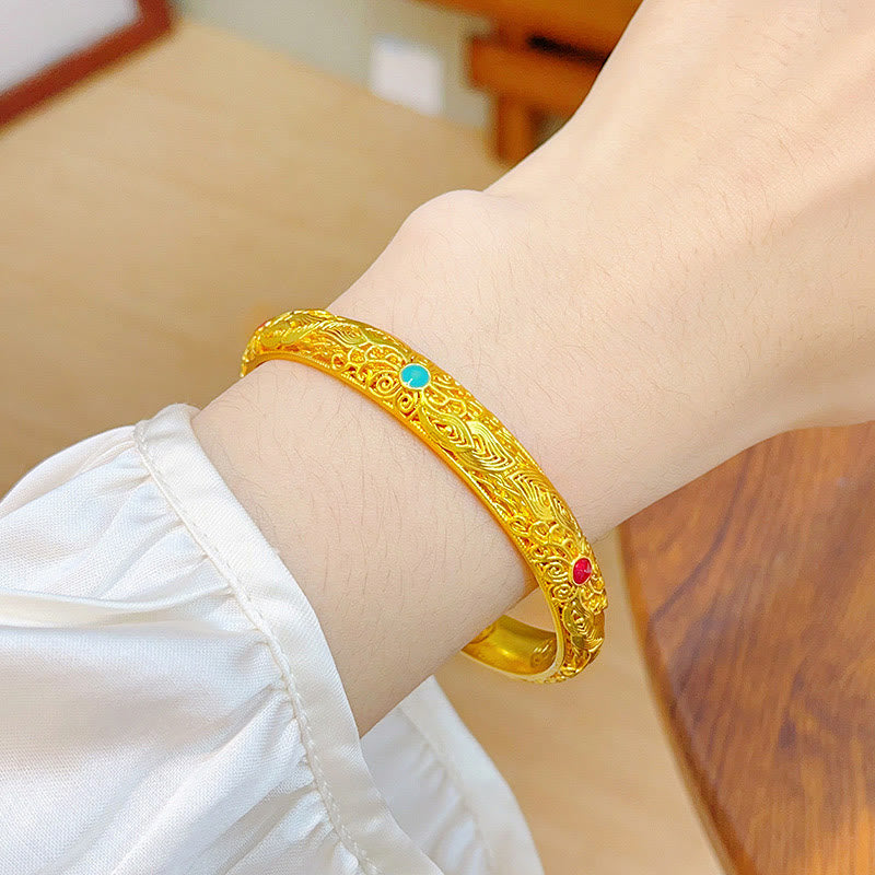Buddha Stones Koperen armband met gouden bloemen en bladeren als gelukssymbool . - image 4