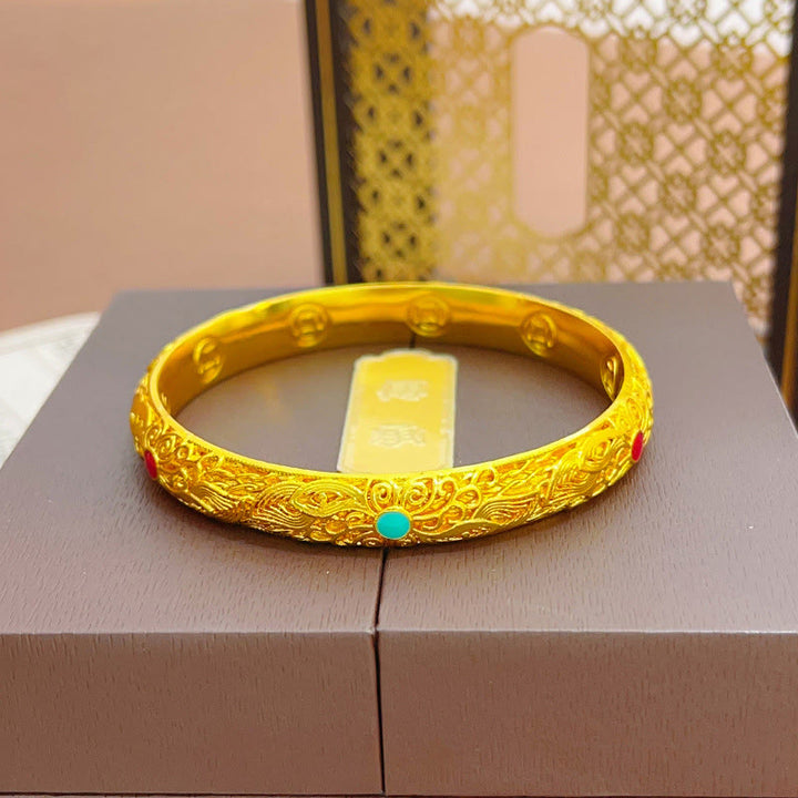 Buddha Stones Koperen armband met gouden bloemen en bladeren als gelukssymbool . - image 7