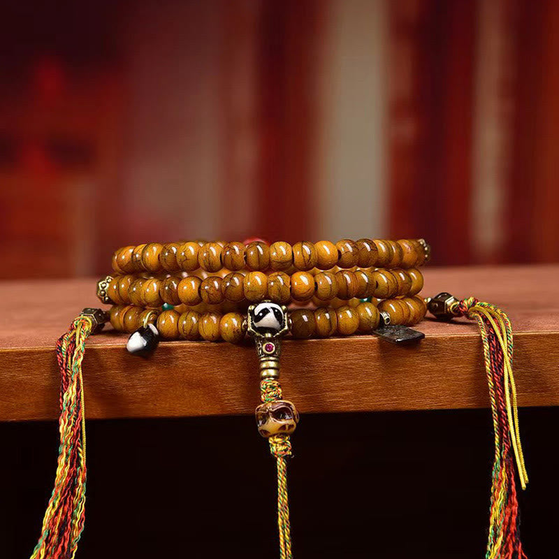 Buddha Stones Tibetaanse Mala met 108 kralen van been, Dzi-kraal, houdt boze geesten op afstand. - image 1