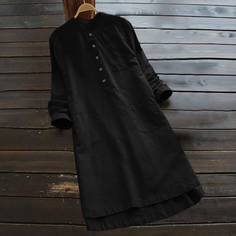 Buddha Stones Damesblouse met Lange mouw, effen knoopsluiting en Zakken - Zwart - US16, UK/AU20, EU48 (5XL) - image 11