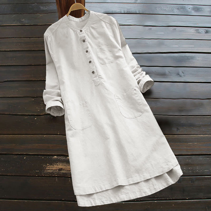 Buddha Stones Damesblouse met Lange mouw, effen knoopsluiting en Zakken - Wit - US16, UK/AU20, EU48 (5XL) - image 0