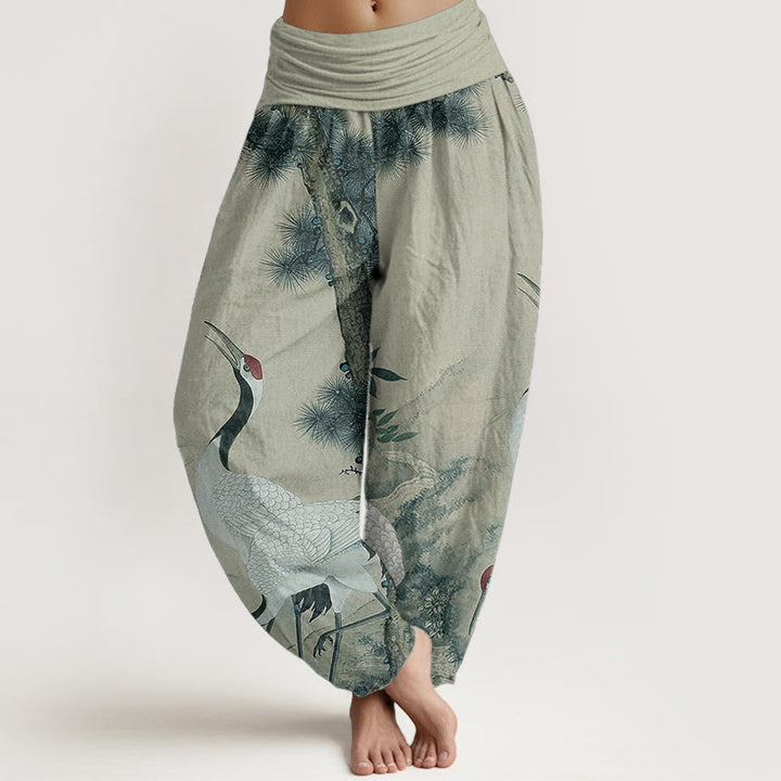 Buddha Stones Casual 100% Cotton met elastische Taille , met rode kraanvogel, dennenboom en bergmotief. - Donkerzeegroen - US22, UK/AU26, EU54 (6XL) - image 5