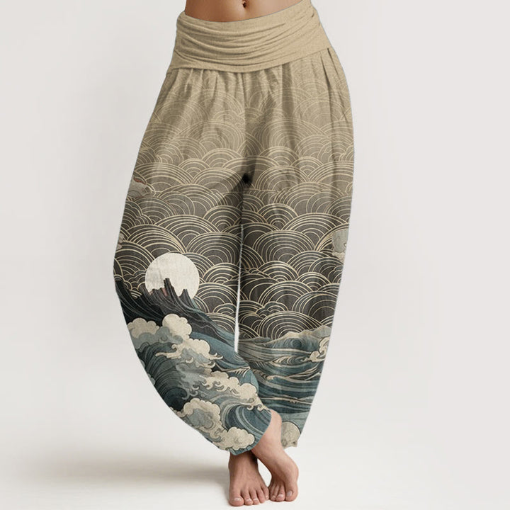 Buddha Stones Casual damesharembroek van 100% Cotton met golvend, maan- en bergpatroon en elastische Taille . - Tarwe - US22, UK/AU26, EU54 (6XL) - image 8