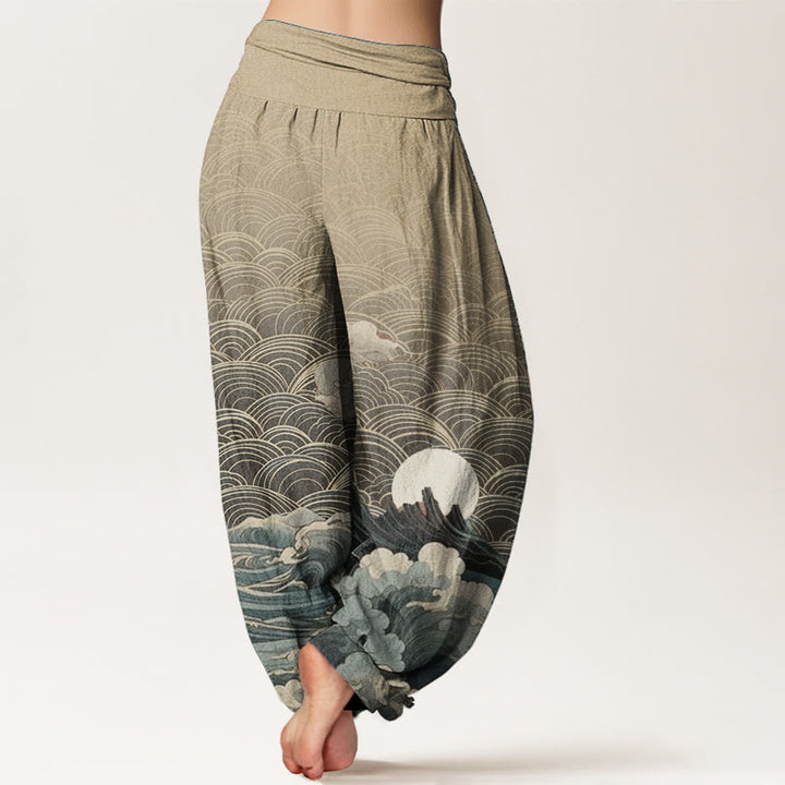 Buddha Stones Casual damesharembroek van 100% Cotton met golvend, maan- en bergpatroon en elastische Taille . - image 9