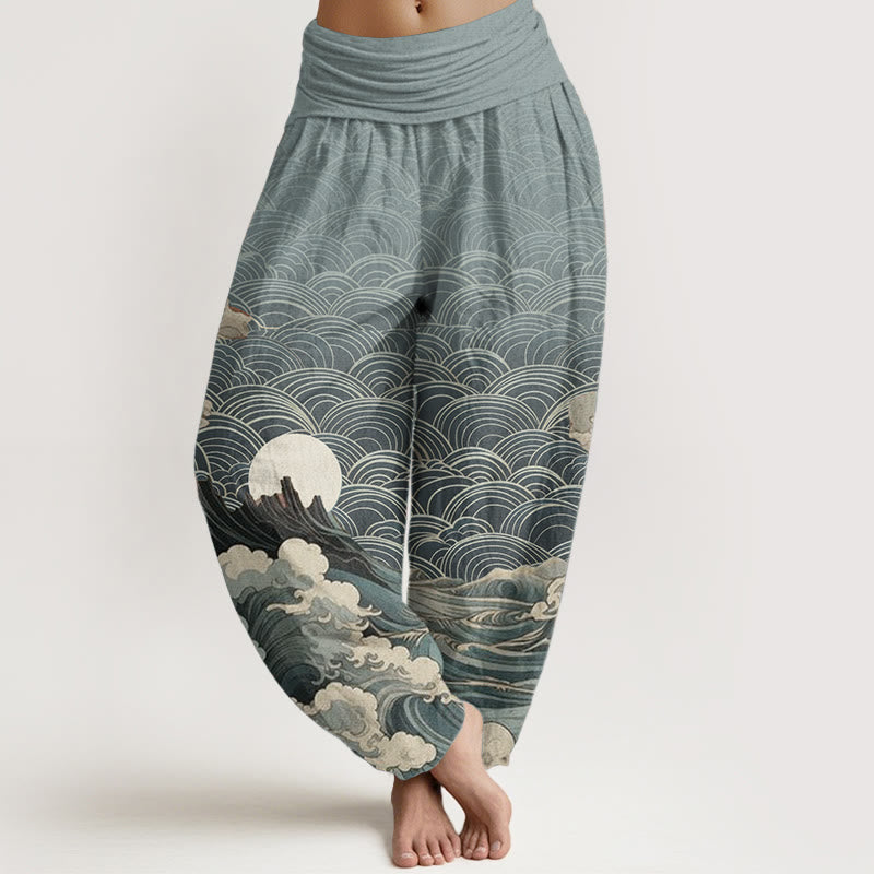 Buddha Stones Casual damesharembroek van 100% Cotton met golvend, maan- en bergpatroon en elastische Taille . - Hemelsblauw - US22, UK/AU26, EU54 (6XL) - image 5