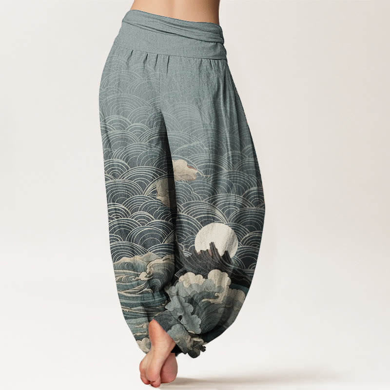 Buddha Stones Casual damesharembroek van 100% Cotton met golvend, maan- en bergpatroon en elastische Taille . - image 6