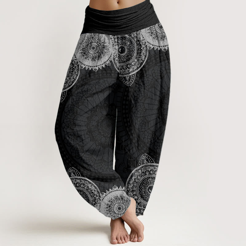 Buddha Stones Harembroek voor dames met elastische Taille en cirkelvormig mandala-design van 100% Cotton - Zwart - US22, UK/AU26, EU54 (6XL) - image 0