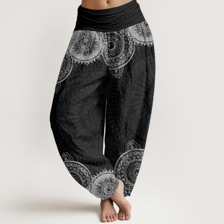 Buddha Stones Harembroek voor dames met elastische Taille en cirkelvormig mandala-design van 100% Cotton - Zwart - US22, UK/AU26, EU54 (6XL) - image 0