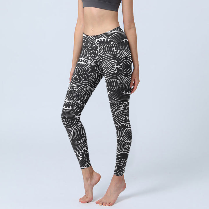 Buddha Stones Sportlegging/yogabroek voor dames met witte lijn- en golfprint - Zwart - US18, UK/AU22, EU50 (4XL) - image 0