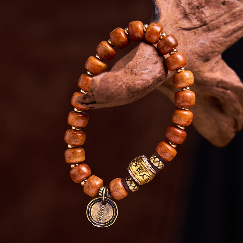 Buddha Stones Natuurlijke Tibetaanse kameelbot kralen in tonvorm, OM Sanskriet geluks- en Armband - Kameelbot (Polsomtrek: (15-16 cm)) - image 0