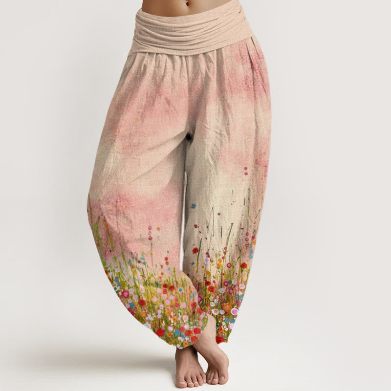 Buddha Stones Katoenen casual harembroek met kleurrijk bloemenveldpatroon en elastische Taille voor dames - Bisque - US22, UK/AU26, EU54 (6XL) - image 0