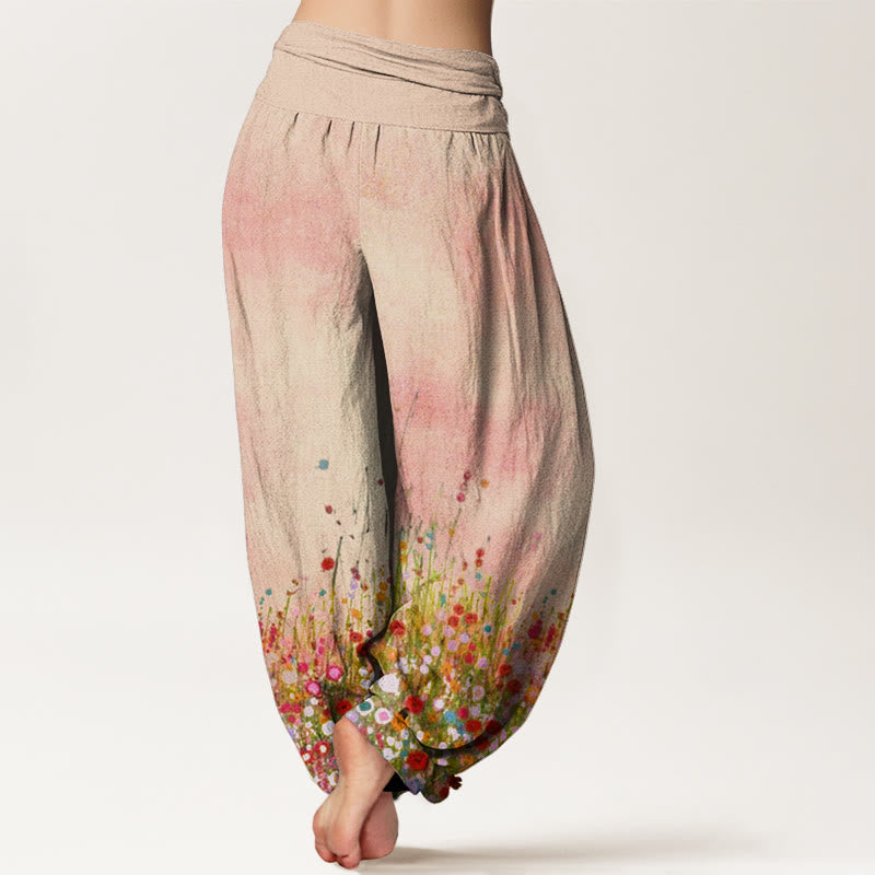Buddha Stones Katoenen casual harembroek met kleurrijk bloemenveldpatroon en elastische Taille voor dames - image 1