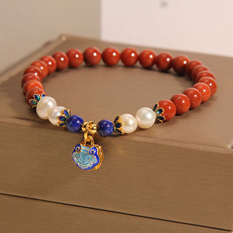 Buddha Stones Natuurlijke Zuid-Rode Agaat Parel Vredesslot Bedel Positieve Armband - image 1