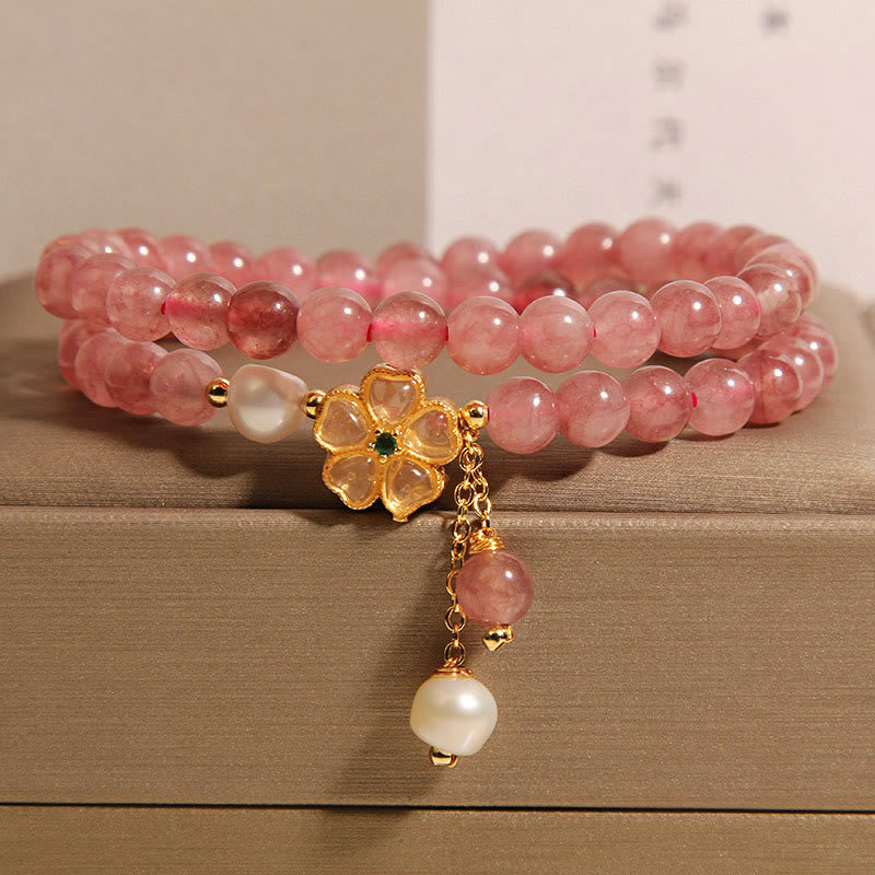 Buddha Stones Armband met aardbeikwarts en klavertje vier, dubbele wikkeling en positief ontwerp. - image 2