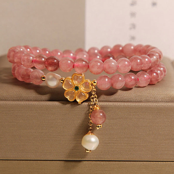 Buddha Stones Armband met aardbeikwarts en klavertje vier, dubbele wikkeling en positief ontwerp. - image 2