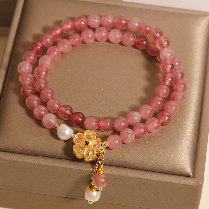 Buddha Stones Armband met aardbeikwarts en klavertje vier, dubbele wikkeling en positief ontwerp. - image 6