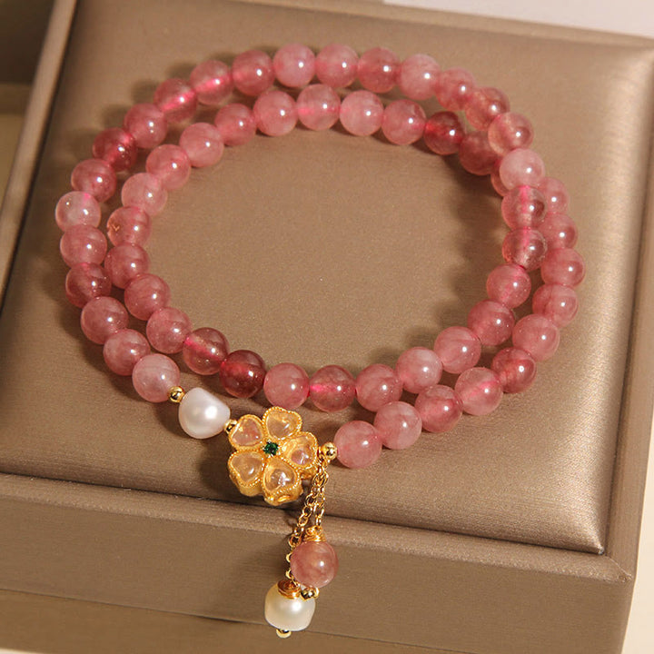 Buddha Stones Armband met aardbeikwarts en klavertje vier, dubbele wikkeling en positief ontwerp. - image 6