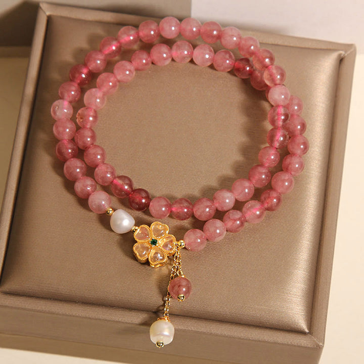 Buddha Stones Armband met aardbeikwarts en klavertje vier, dubbele wikkeling en positief ontwerp. - image 7