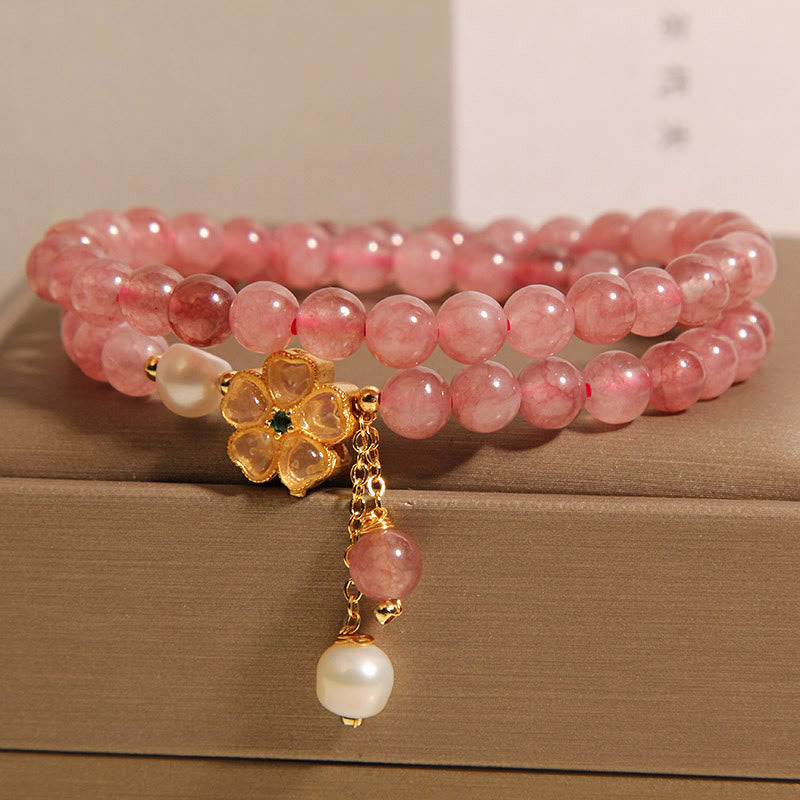 Buddha Stones Armband met aardbeikwarts en klavertje vier, dubbele wikkeling en positief ontwerp. - image 1