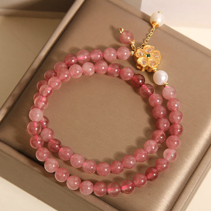 Buddha Stones Armband met aardbeikwarts en klavertje vier, dubbele wikkeling en positief ontwerp. - image 4