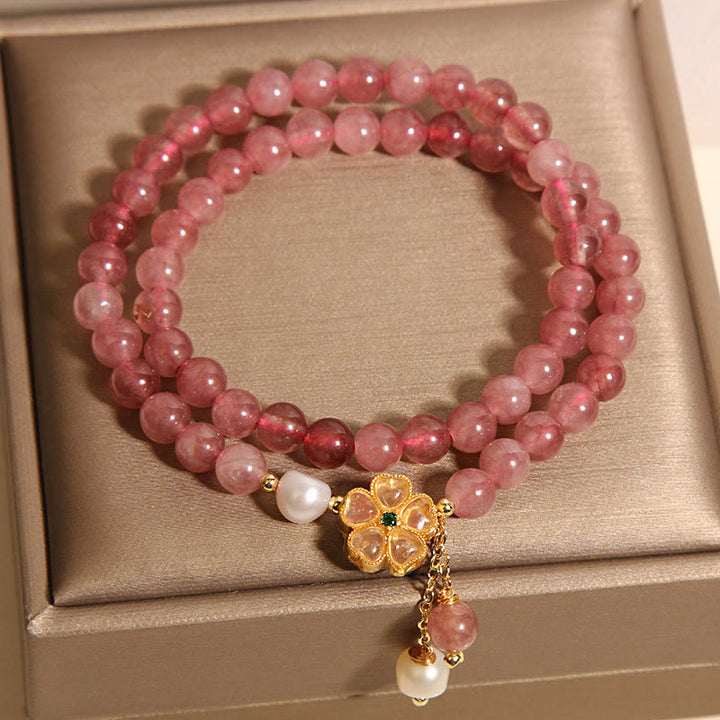 Buddha Stones Armband met aardbeikwarts en klavertje vier, dubbele wikkeling en positief ontwerp. - image 3
