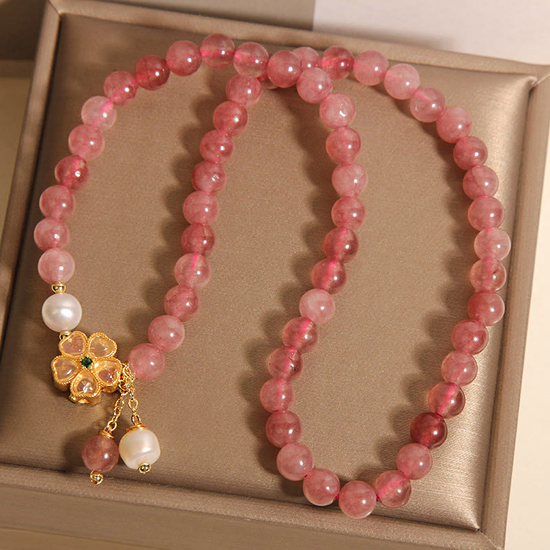 Buddha Stones Armband met aardbeikwarts en klavertje vier, dubbele wikkeling en positief ontwerp. - image 8