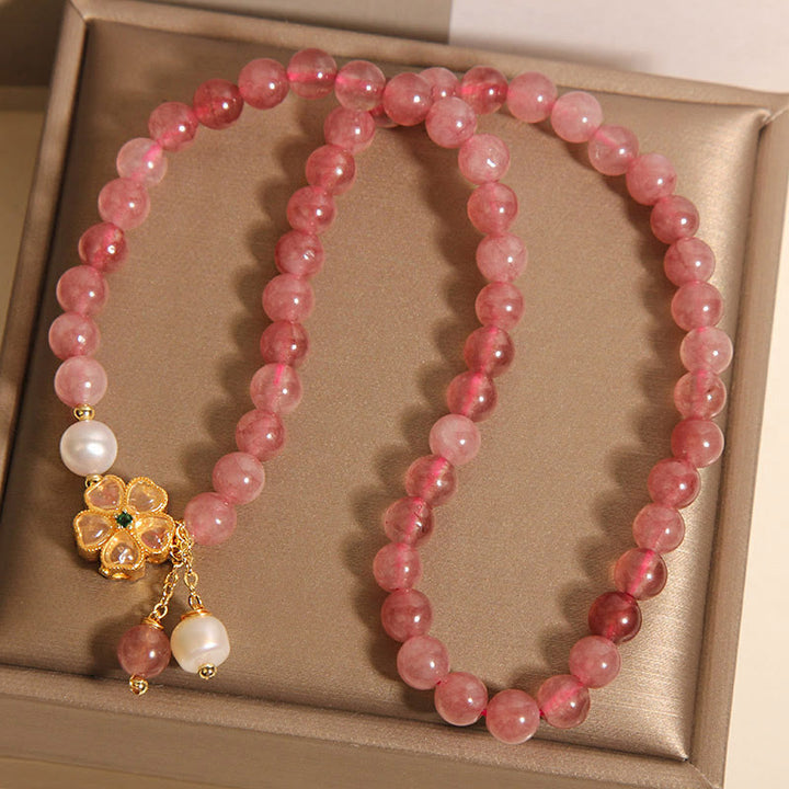 Buddha Stones Armband met aardbeikwarts en klavertje vier, dubbele wikkeling en positief ontwerp. - image 8