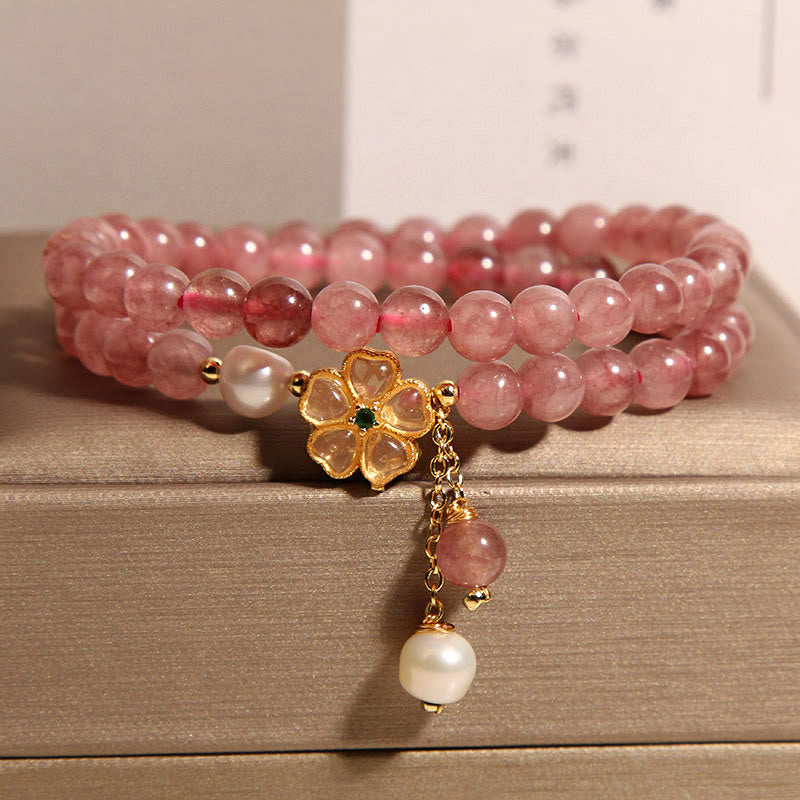Buddha Stones Armband met aardbeikwarts en klavertje vier, dubbele wikkeling en positief ontwerp. - Aardbeikwarts (Polsomtrek: 15-17 cm) - image 0