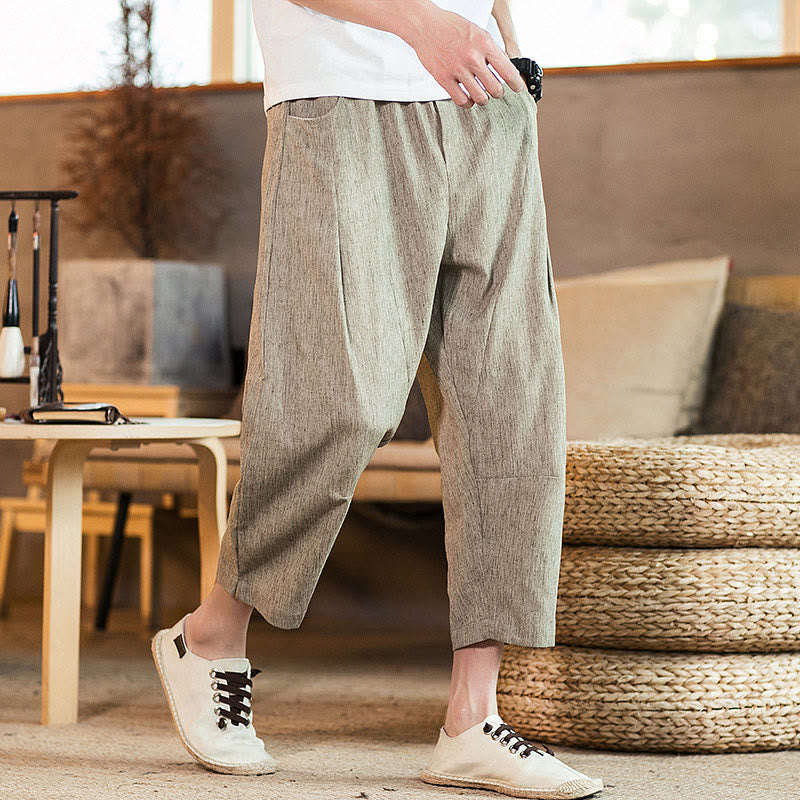 Buddha Stones Casual effen herenbroek van katoen-linnen met trekkoord en elastische tailleband, inclusief Zakken. - Donker kaki - US/UK/AU46, EU56 (5XL) - image 0