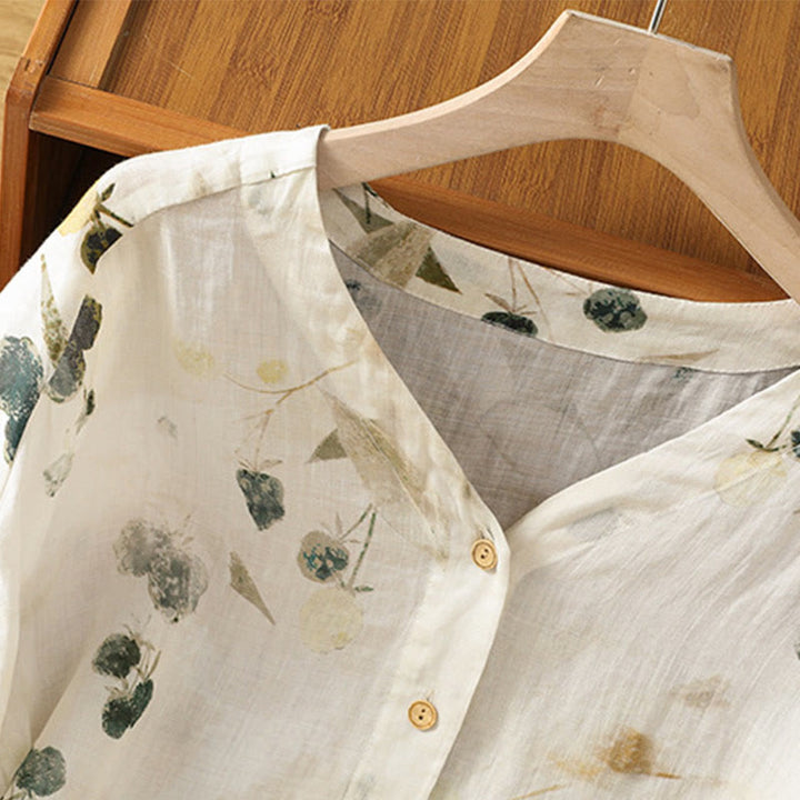 Buddha Stones Damesoverhemd van polyester met V-hals en driekwartmouwen, met plantenprint en Mouwlengte . - image 3
