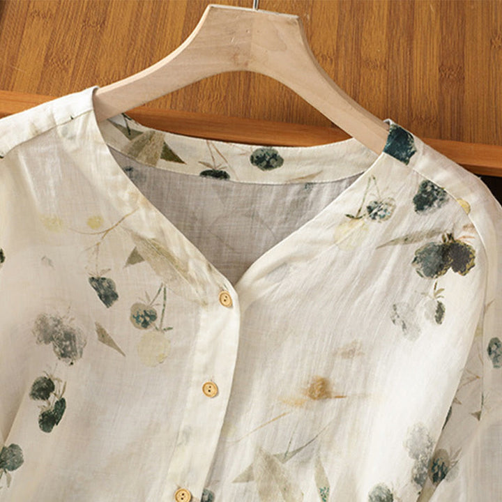 Buddha Stones Damesoverhemd van polyester met V-hals en driekwartmouwen, met plantenprint en Mouwlengte . - image 2