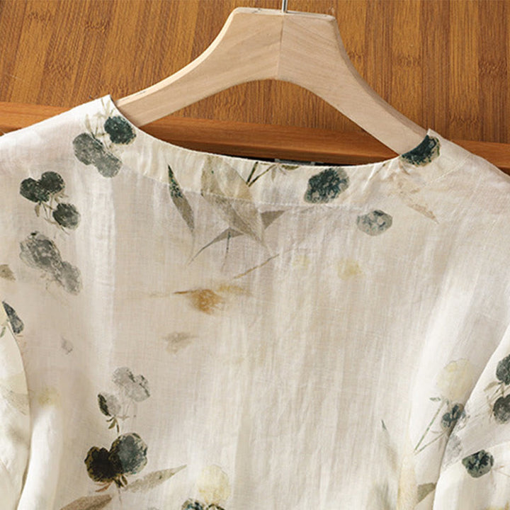Buddha Stones Damesoverhemd van polyester met V-hals en driekwartmouwen, met plantenprint en Mouwlengte . - image 4