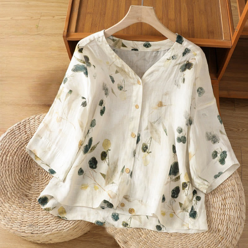 Buddha Stones Damesoverhemd van polyester met V-hals en driekwartmouwen, met plantenprint en Mouwlengte . - Ivoor - US14, UK/AU18, EU46 (2XL) - image 0