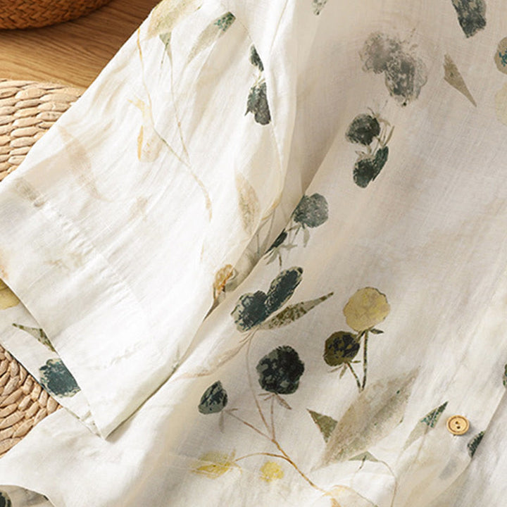 Buddha Stones Damesoverhemd van polyester met V-hals en driekwartmouwen, met plantenprint en Mouwlengte . - image 7