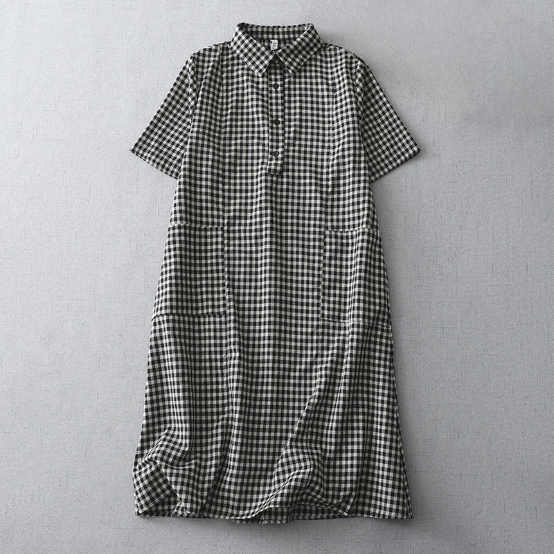 Buddha Stones Casual vintage Midi -jurk met ruitpatroon, Reverskraag, Korte mouw en Zakken. - Zwart - US8-10，UK/AU12-14，EU40-42 (2XL) - image 0
