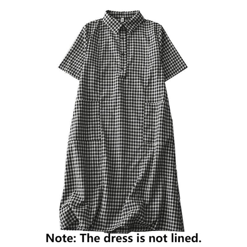 Buddha Stones Casual vintage Midi -jurk met ruitpatroon, Reverskraag, Korte mouw en Zakken. - image 1