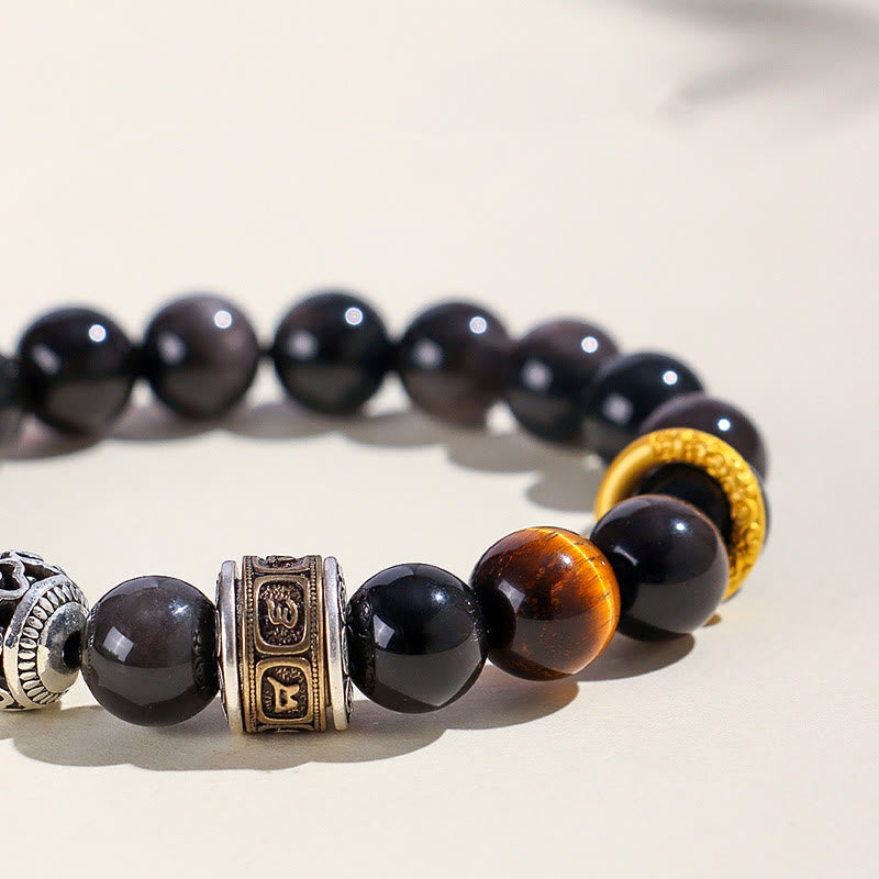 Buddha Stones Zilveren Obsidiaan Tijgeroog Om Mani Padme Hum Armband - image 4
