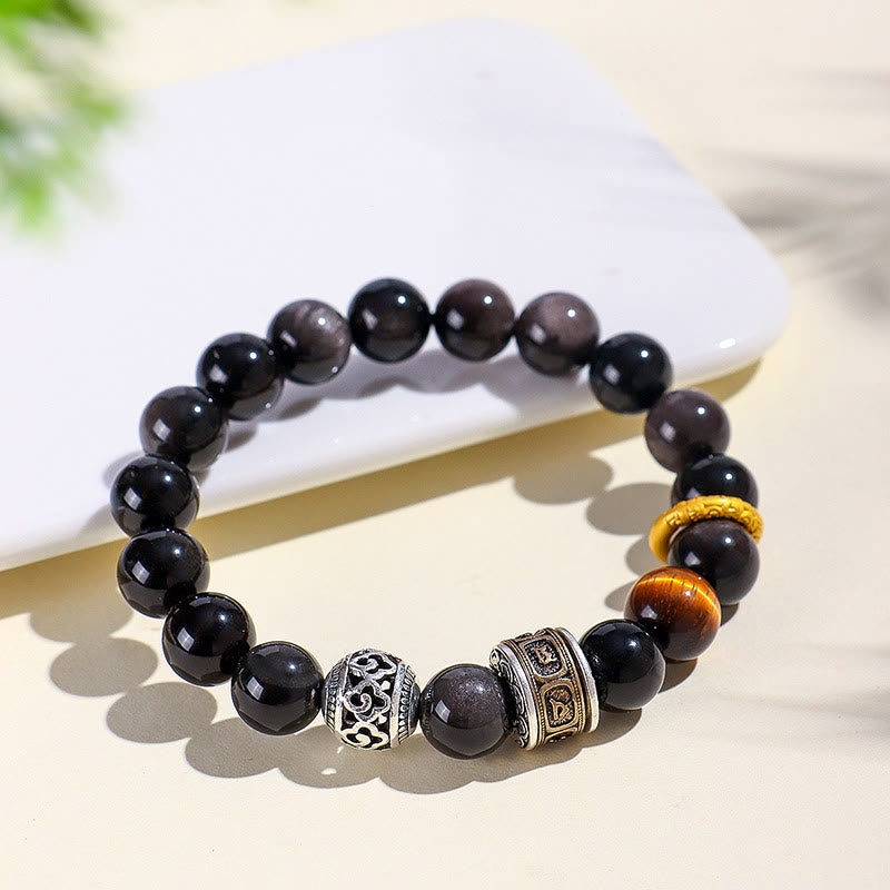 Buddha Stones Zilveren Obsidiaan Tijgeroog Om Mani Padme Hum Armband - image 2