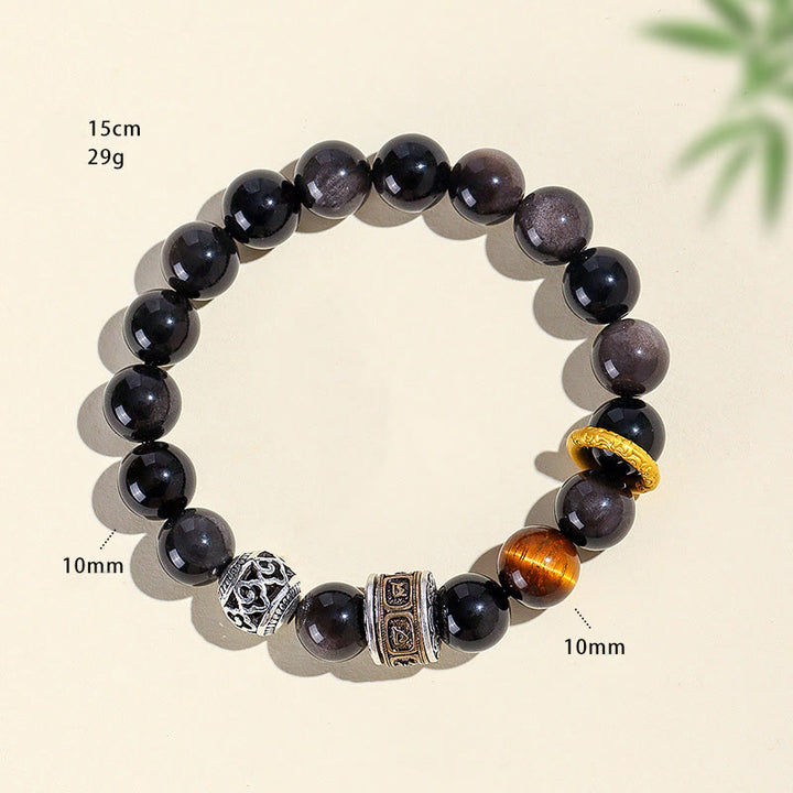 Buddha Stones Zilveren Obsidiaan Tijgeroog Om Mani Padme Hum Armband - image 5