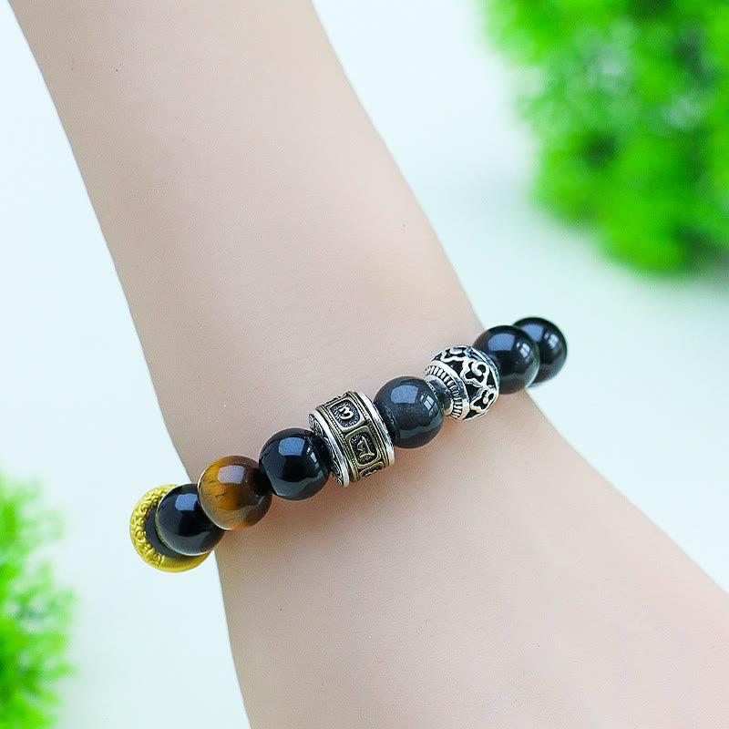 Buddha Stones Zilveren Obsidiaan Tijgeroog Om Mani Padme Hum Armband - image 6