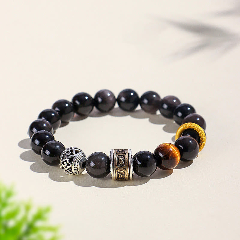 Buddha Stones Zilveren Obsidiaan Tijgeroog Om Mani Padme Hum Armband - Obsidiaan met zilverglans (Polsomtrek: 14-15 cm) - image 0