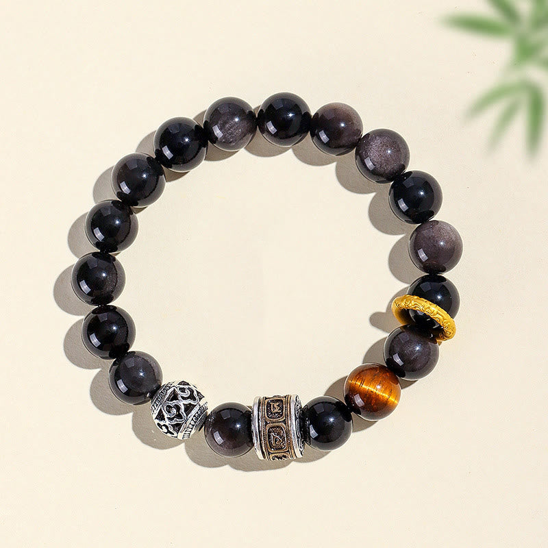 Buddha Stones Zilveren Obsidiaan Tijgeroog Om Mani Padme Hum Armband - image 3