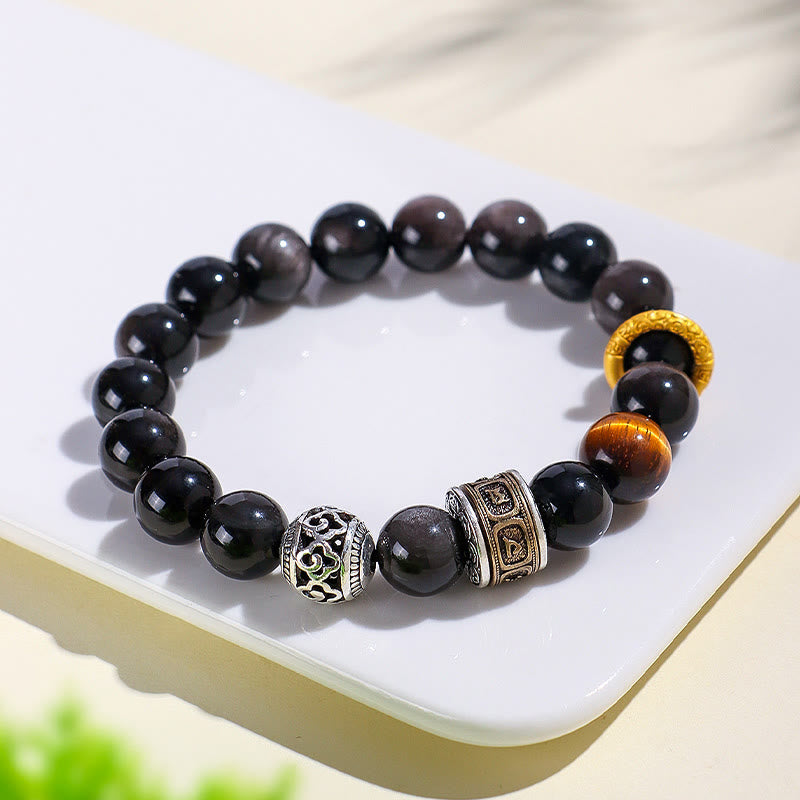 Buddha Stones Zilveren Obsidiaan Tijgeroog Om Mani Padme Hum Armband - image 1