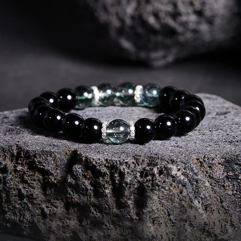 Buddha Stones Armband van 925 sterling zilver met zwarte obsidiaan en groene Phantom Strength. - Zwarte obsidiaan (Polsomtrek: 14-16 cm) - image 0