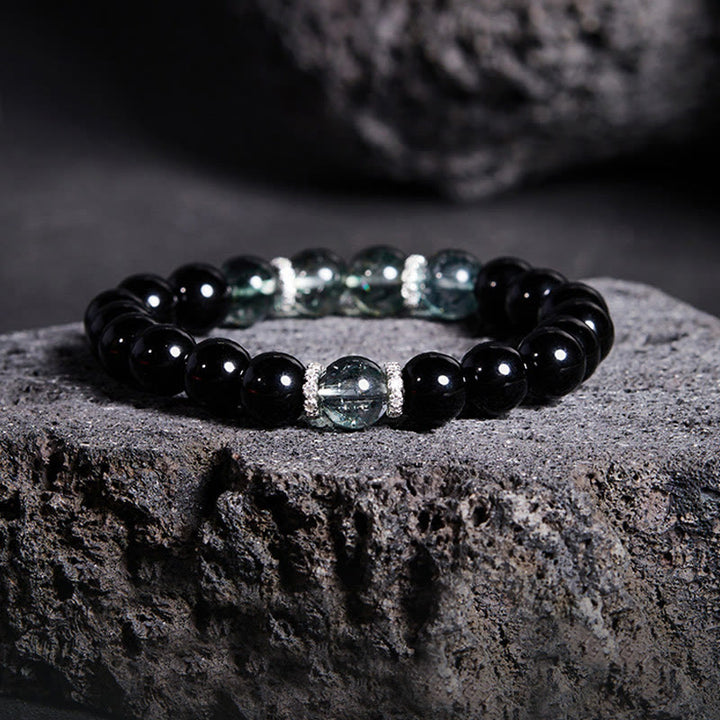 Buddha Stones Armband van 925 sterling zilver met zwarte obsidiaan en groene Phantom Strength. - Zwarte obsidiaan (Polsomtrek: 14-16 cm) - image 0