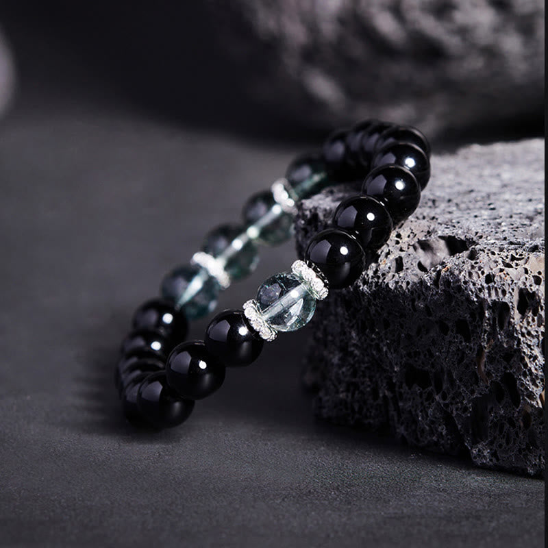 Buddha Stones Armband van 925 sterling zilver met zwarte obsidiaan en groene Phantom Strength. - image 1