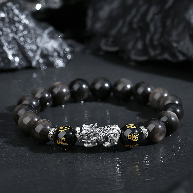 Buddha Stones 999 Sterling Zilveren PiXiu Armband met Natuurlijke Zwarte Obsidiaan - Zwarte obsidiaan (Polsomtrek: 14-16 cm) - image 0