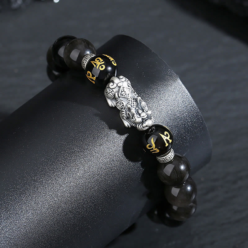 Buddha Stones 999 Sterling Zilveren PiXiu Armband met Natuurlijke Zwarte Obsidiaan - image 1