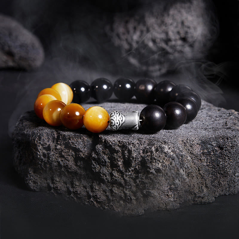 Buddha Stones Armband van 999 sterling zilver, ebbenhout, tijgeroog en zwarte obsidiaan. - Ebony (Polsomtrek: 18-20 cm) - image 0